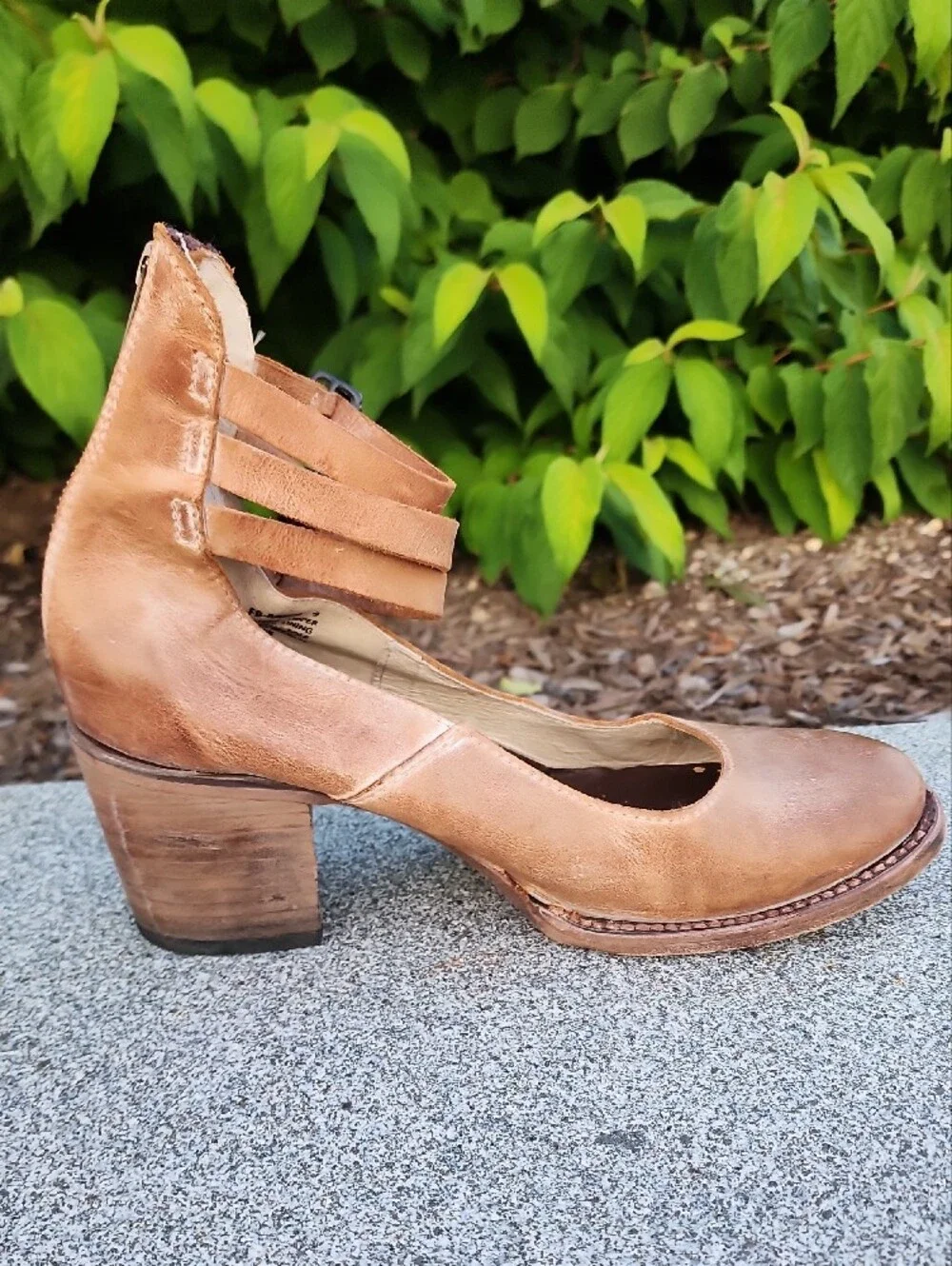 Freebird By Steven Randi Tan  Leather Block Closed Toe Pumps Triple Ankle Straps